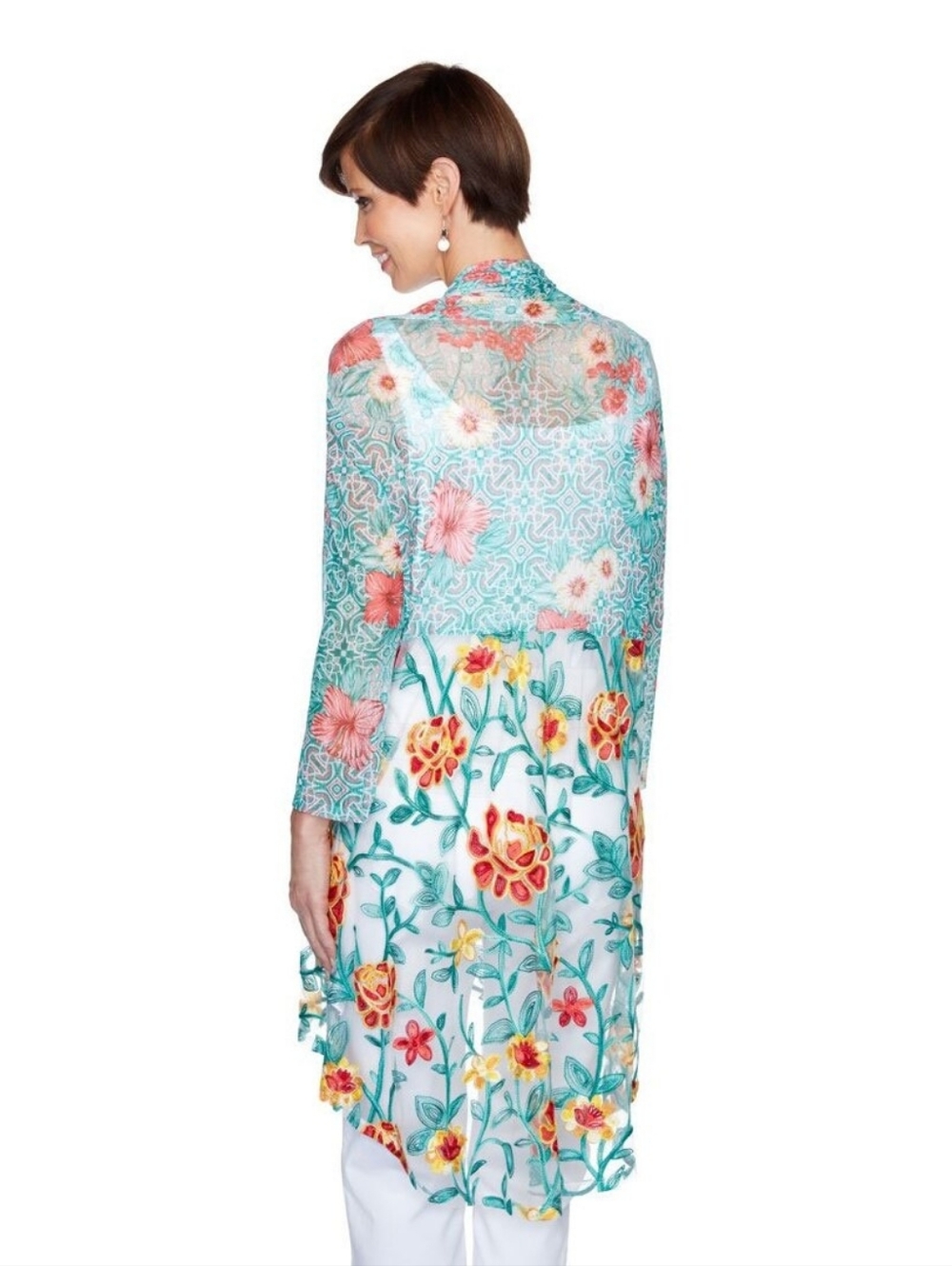 Ruby Rd. Petite Sheer Mesh Floral Embroidered High-Low Duster Cardigan Size SP